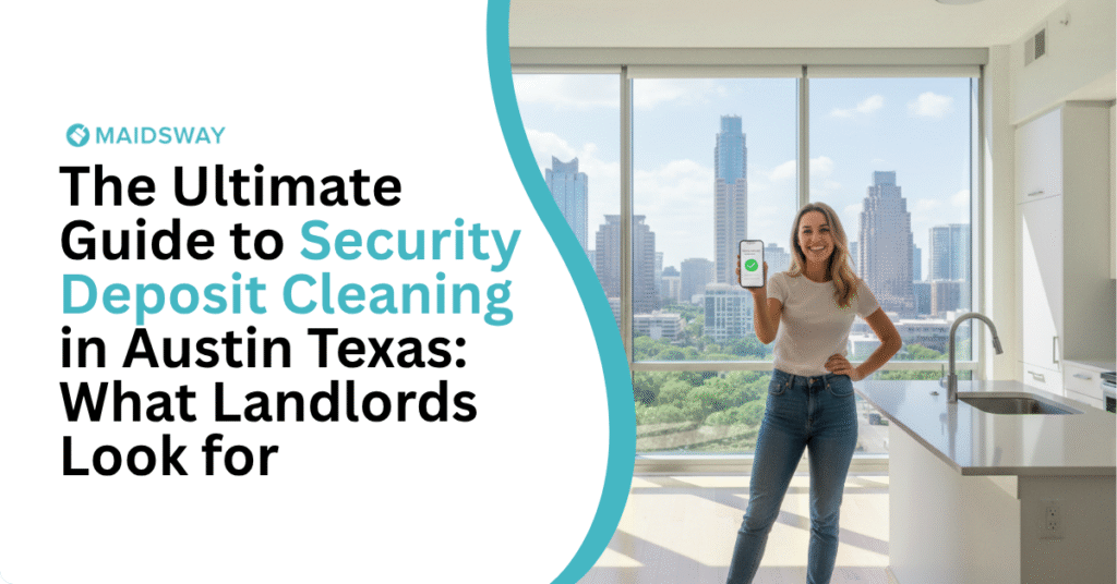 Austin renter happily receives a "deposit returned" notification on her phone after a successful security deposit cleaning in Austin Texas.