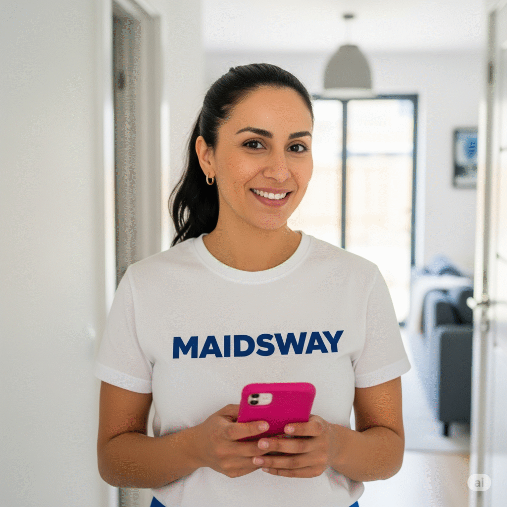 Smiling cleaner from Maidsway a House Cleaning Service, using a smartphone to manage her next appointment