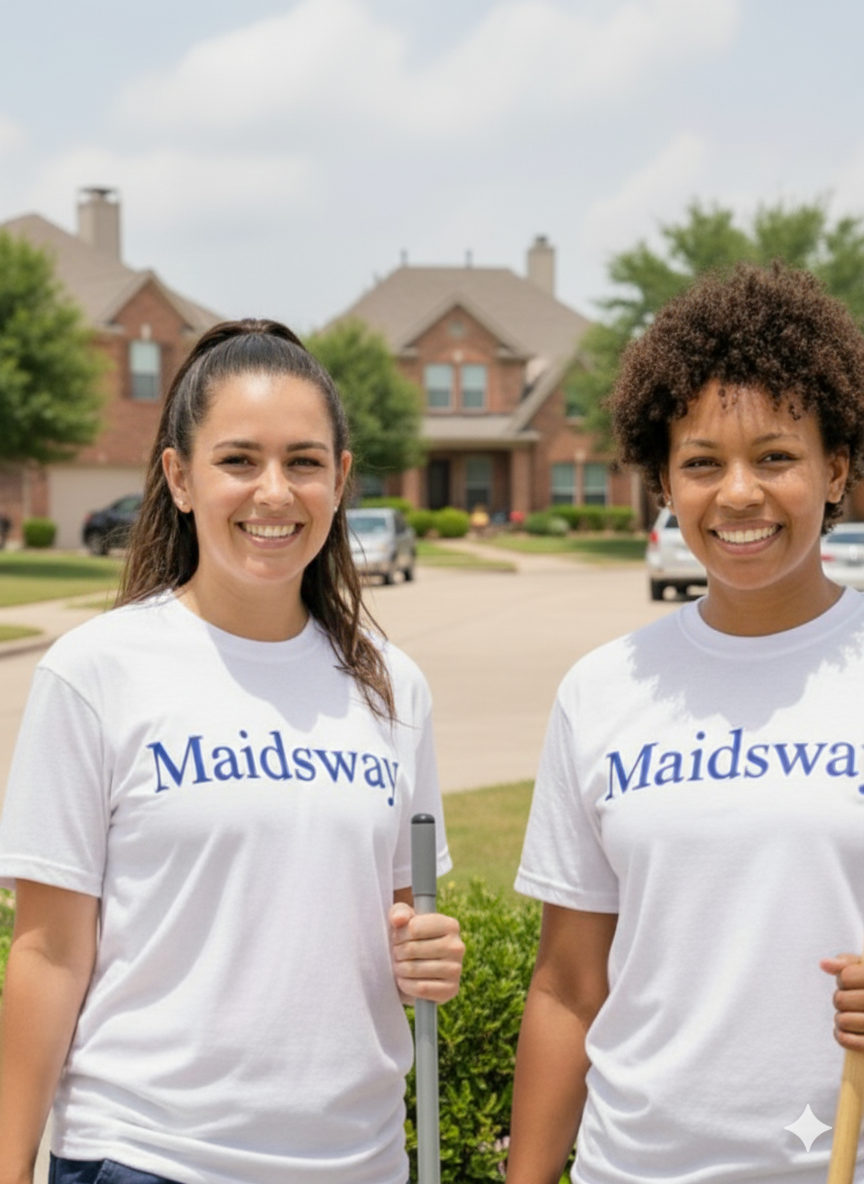 Two smiling women in Maidsway uniform a house cleaning service in Pflugerville, Texas, standing in front of a residential home.