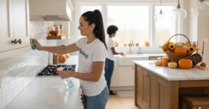 Maidsway cleaning experts utilizing degreasers to sanitize the marble countertop and tile backsplash after a holiday feast, highlighting the Post-Thanksgiving Deep Kitchen Cleaning Service Austin TX.