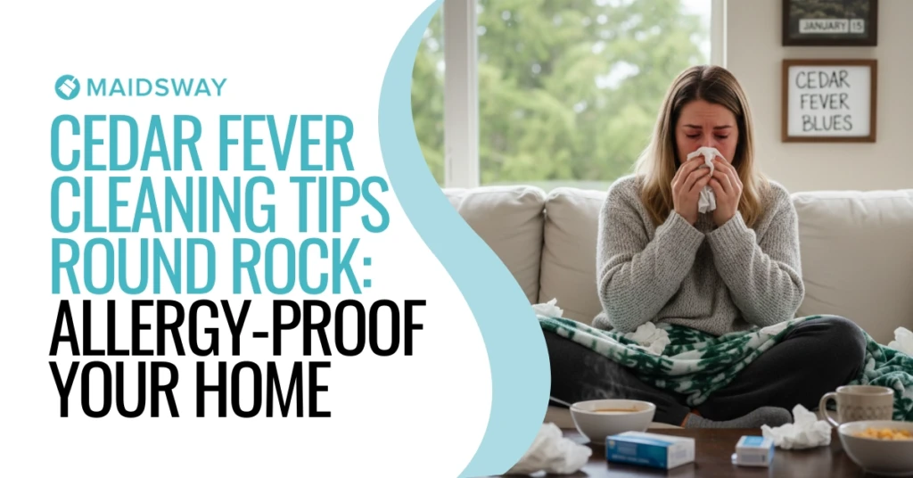 Woman with cedar fever symptoms, illustrating the need for cedar fever cleaning tips Round Rock to allergy-proof your home.