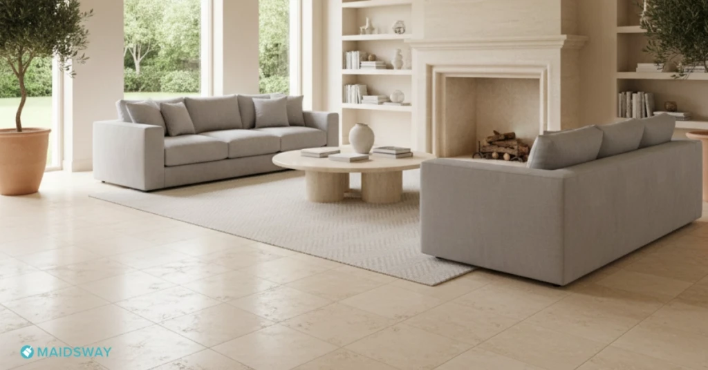 Bright and spacious modern living room featuring large-format natural limestone tile flooring, high ceilings, large windows, and contemporary neutral furniture.