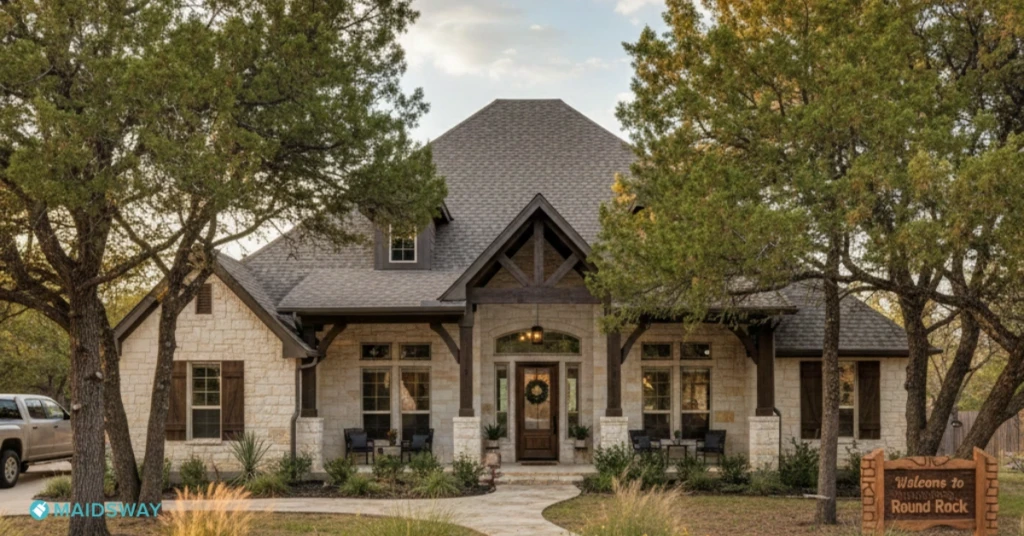 Exterior of a home with a Welcome to Round Rock sign surrounded by trees, illustrating the need for cedar fever cleaning tips Round Rock.