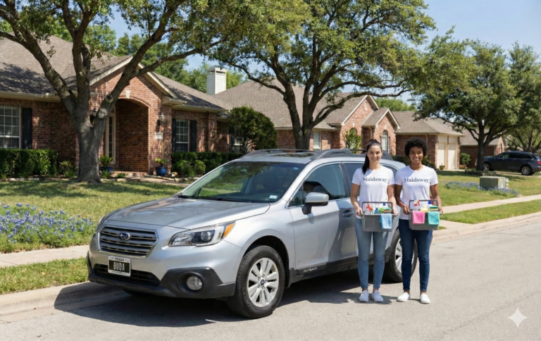 Two Maid service cleaners of Maidsway in Austin Texas, standing next to their service car.