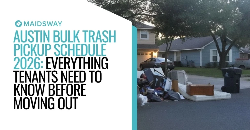 A large pile of discarded furniture, mattresses, and boxes placed on a residential curb for collection according to the Austin bulk trash pickup schedule 2026.