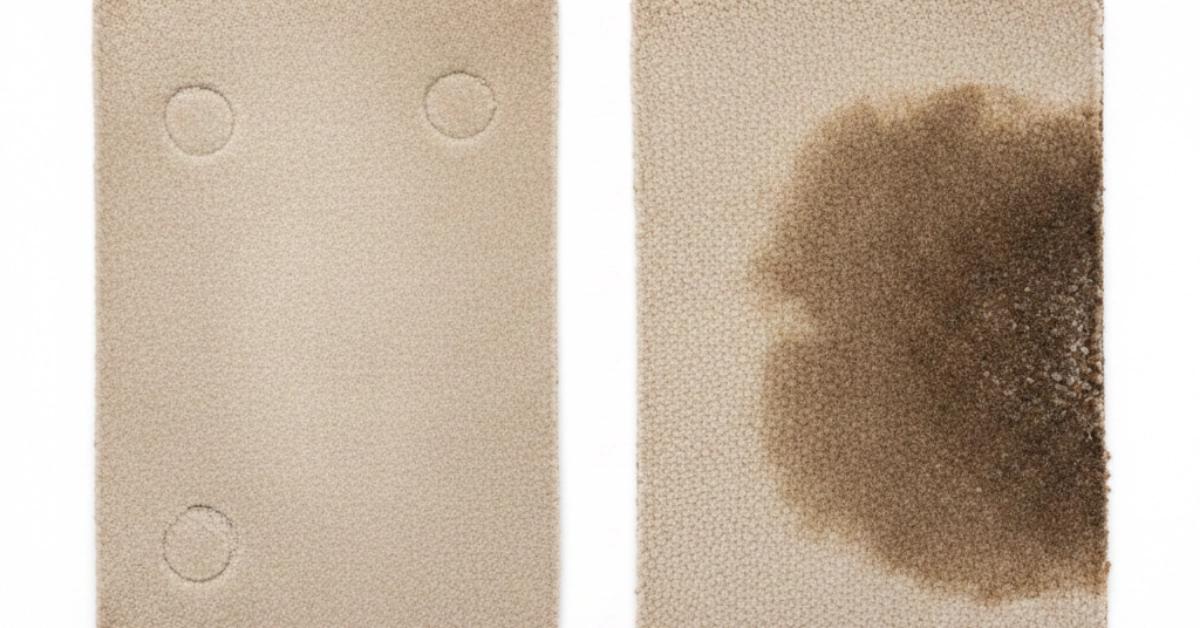 Side-by-side comparison of normal wear and tear vs damage on Texas rental carpet: furniture indentations (wear) versus a large dark liquid stain (damage).