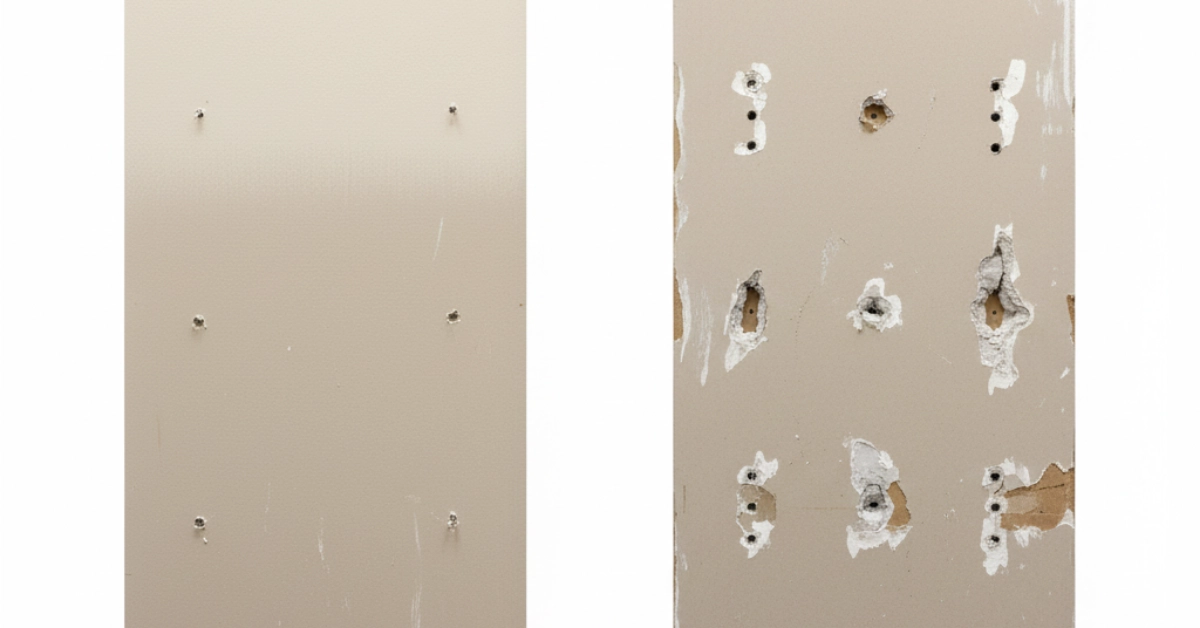 Normal wear and tear vs damage Texas: left shows small picture nail holes; right shows large jagged wall anchor damage.