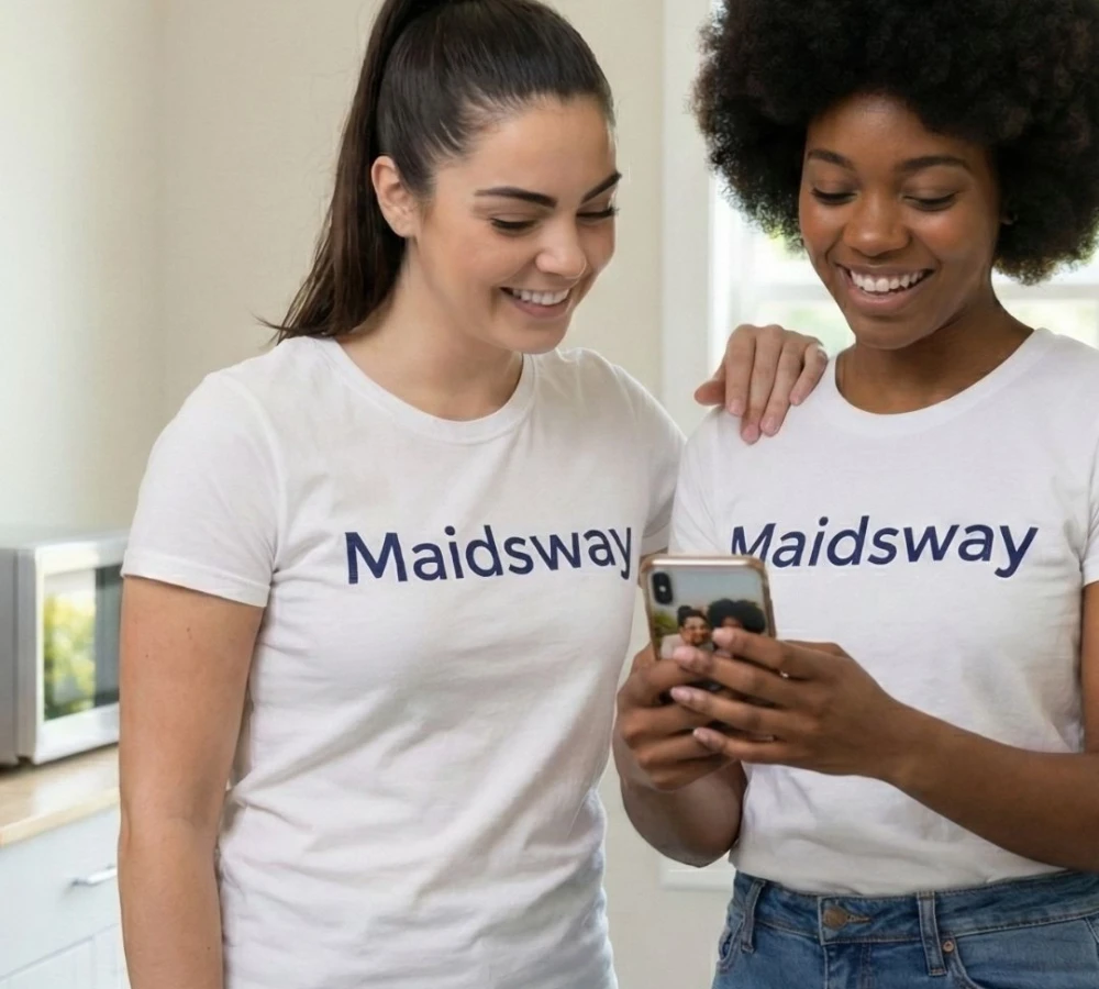 Happy cleaners using mobile phone to schedule a move out clean Austin, making end of lease cleaning Austin easy and efficient.